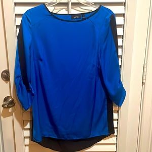 royal blue & black blouse with ruching at sleeves and back cutout detail